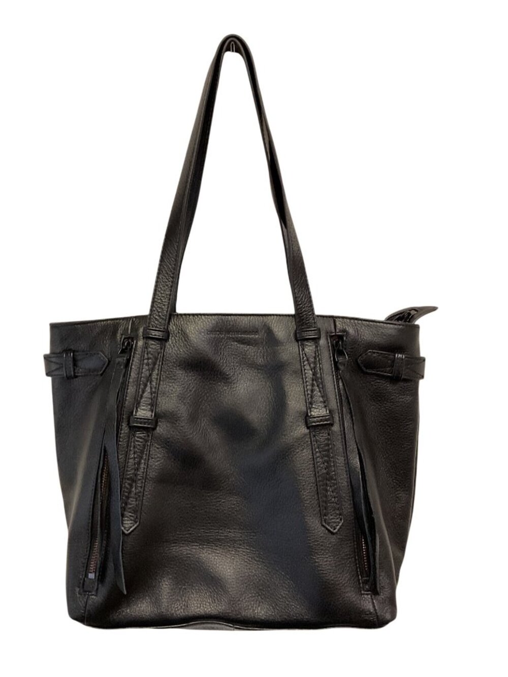 “Aimee” Black Leather Tote Bag With Leopard Print Interior And Zip Pockets - 15"